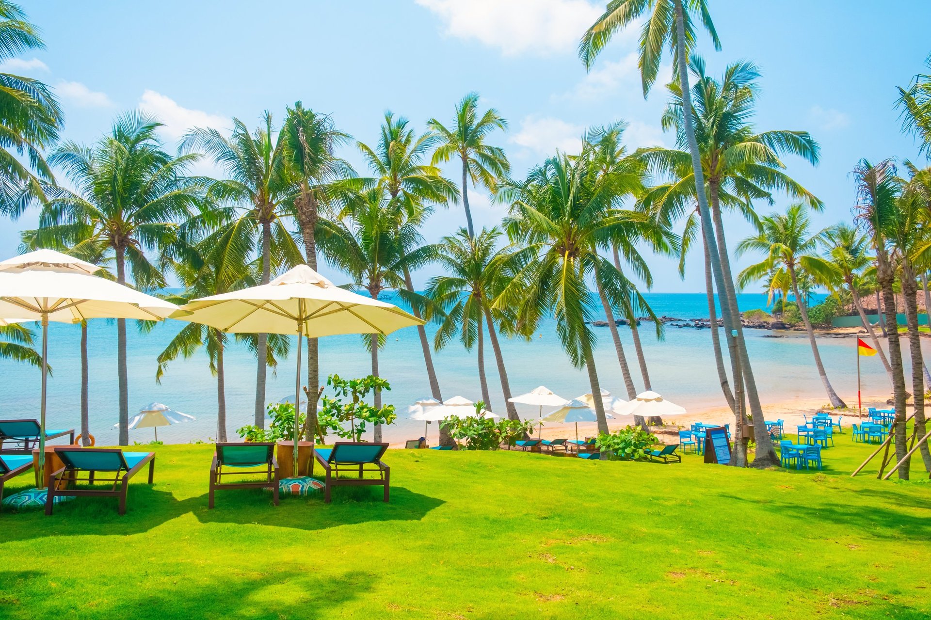 Tropical beach resort with lounge chairs overlooking turquoise sea, summer vacation destination