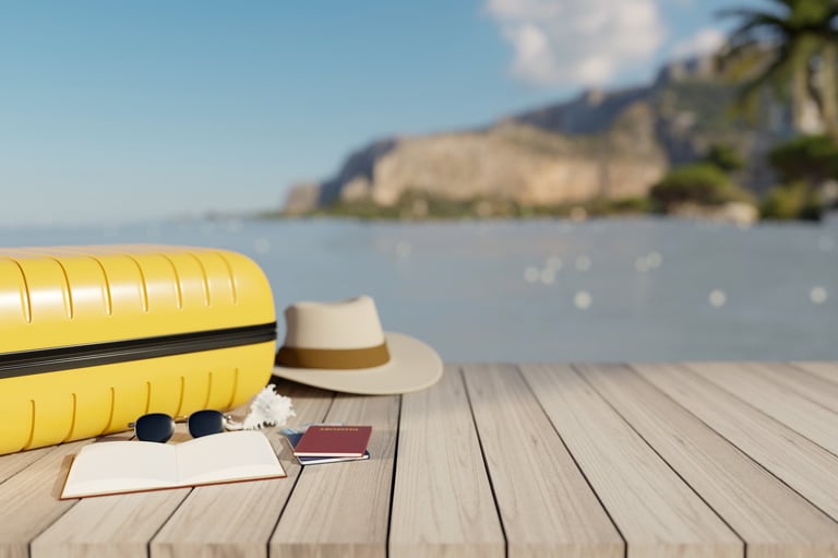 Yellow luggage and sunglasses on wooden table with sea and sky in background