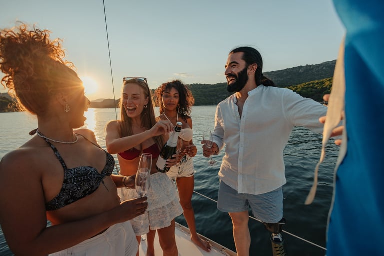 A diverse group of four friends laugh and open champagne aboard a sailing boat at sunset, enjoying a relaxed summer celebration